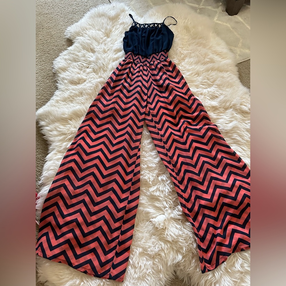 Chevron print wide leggings jumpsuit